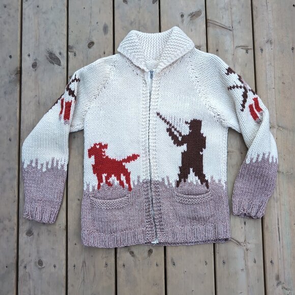 Vtg 70s Lightning Zip Cardigan Sweater Women's White Tight-Knit Hunting Motif - Picture 1 of 8
